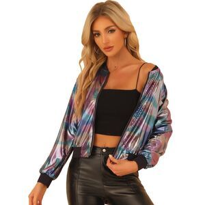 Sparkle Holographic Metallic Lightweight Shiny Bomber Jacket Iridescent